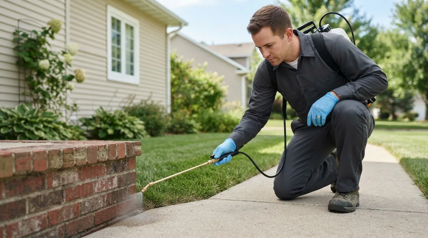 Pest control technician treating a home near New Matamoras, OH