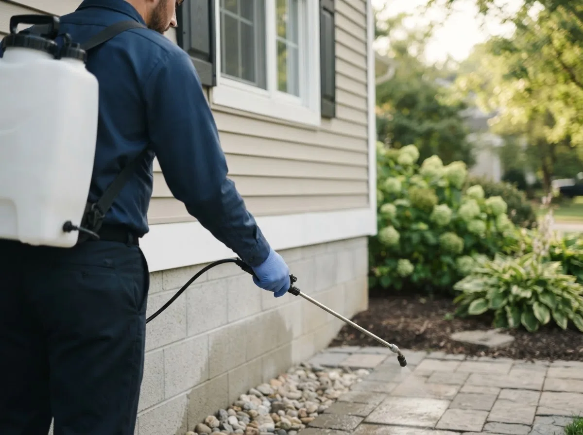 Pest control technician inspecting a home in New Matamoras, OH